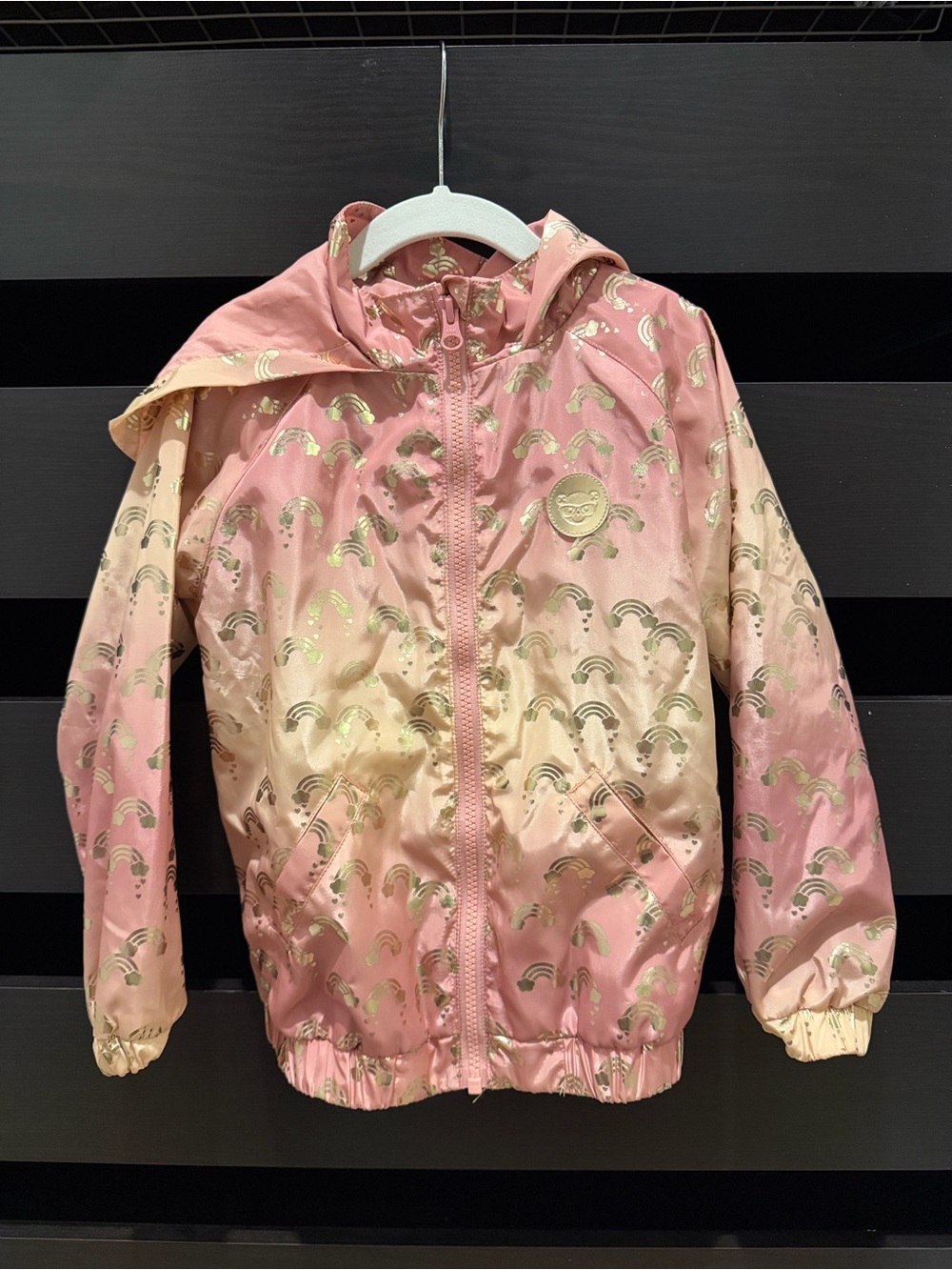 Hux Girls' Pink Rain Jacket with Gold Foil Rainbows Size 6